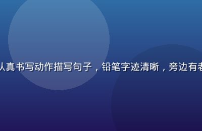 小学生在作文本上认真书写动作描写句子，铅笔字迹清晰，旁边有老师批注的红色圈点